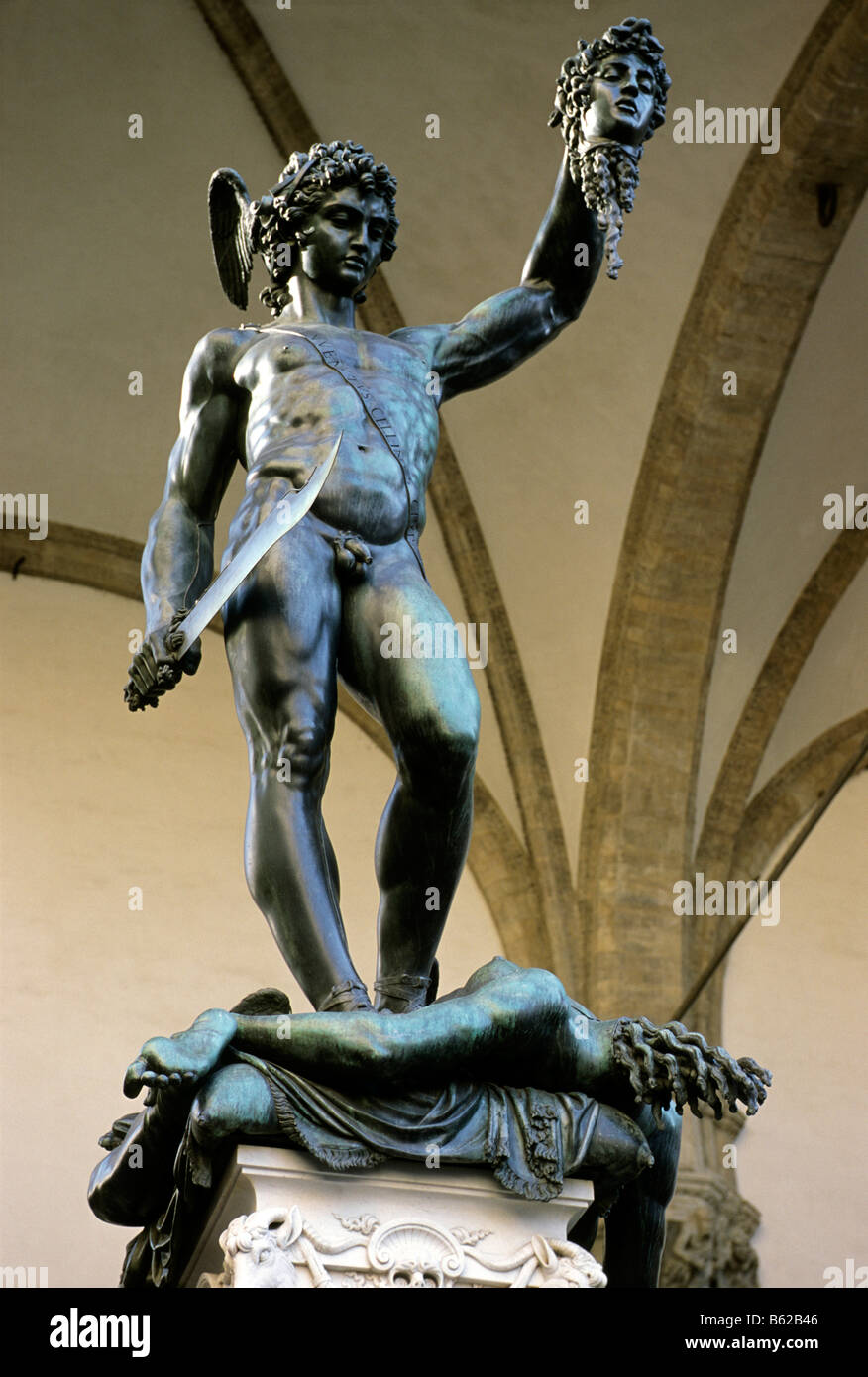 Bronze statue of Perseus with the head of Medusa by Cellini, Loggia dei Lanzi, Florence, Firenze, Tuscany, Italy, Europe Stock Photo