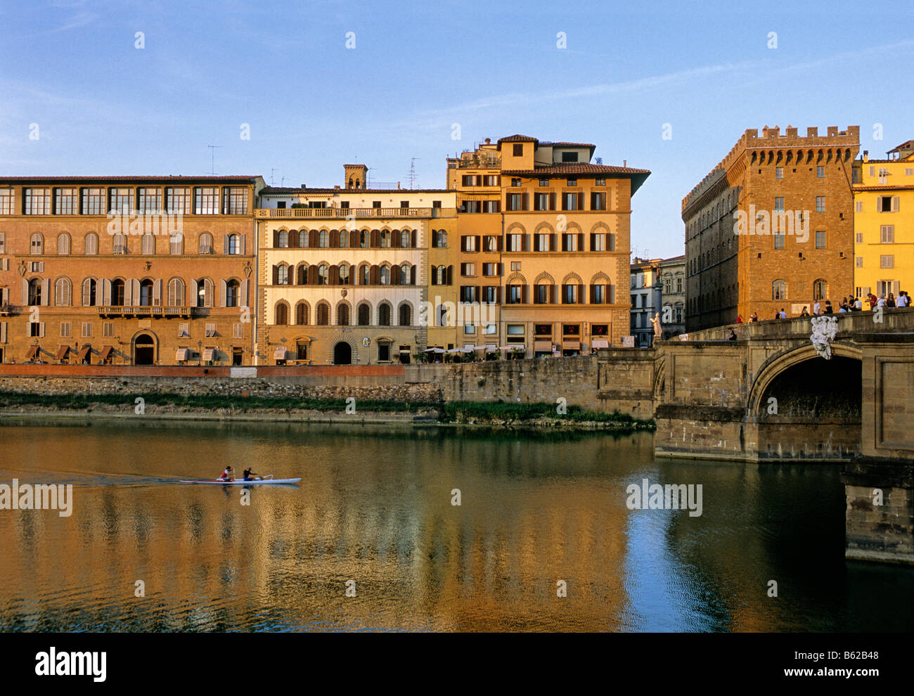 Arno River, Palazzo Corsini left, Palazzo Spini Ferroni on the right, Ponte Santa Trinita Bridge, Florence, Firenze, Tuscany, I Stock Photo