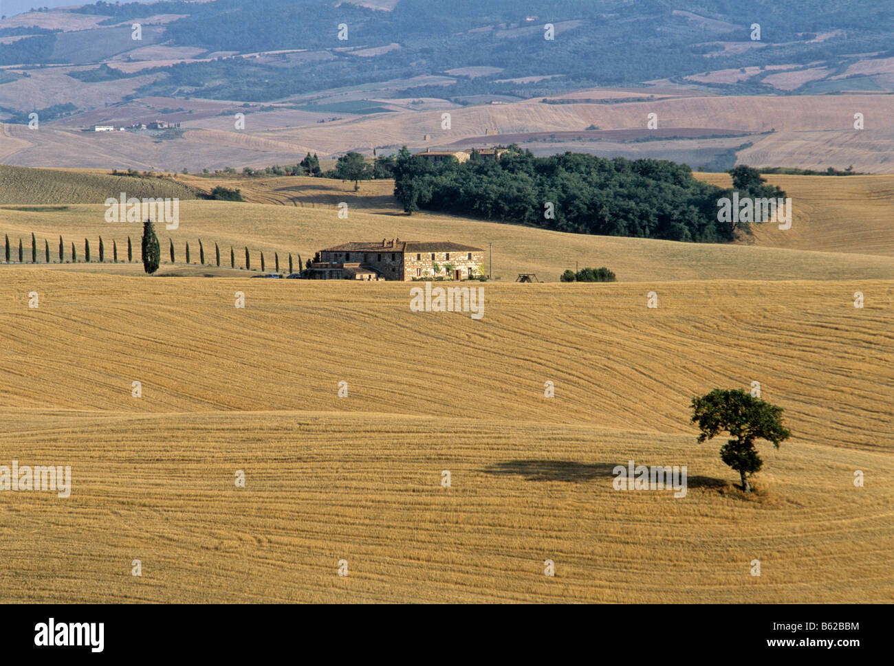 Farmhouse, harvested wheatfields in the Val d' Orcia near San Quirico d' Orcia, Province of Siena, Tuscany, Italy, Europe Stock Photo