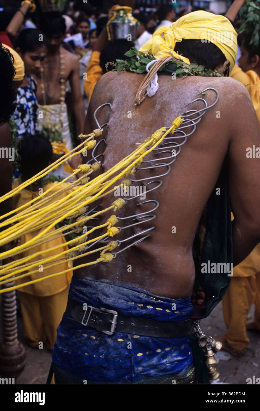 A Hindu penitent, his back pierced with meat hooks, at the annual Thaipusam Festival at Batu Caves, Kuala Lumpur, Malaysia Stock Photo