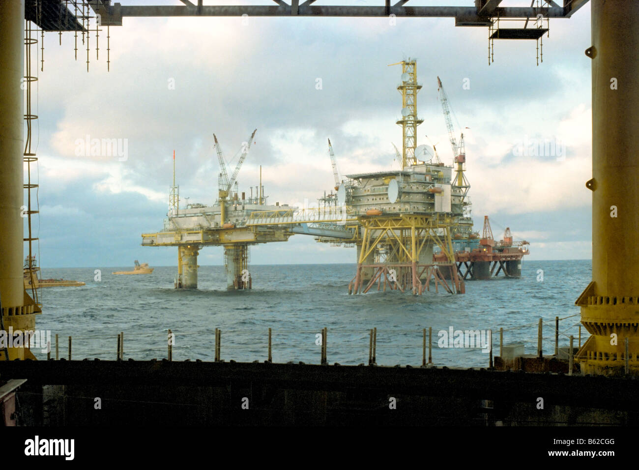 TCP1, TCP2 and DP2 gas production platforms of the Frigg field in the Noregian sector of the North Sea. Stock Photo