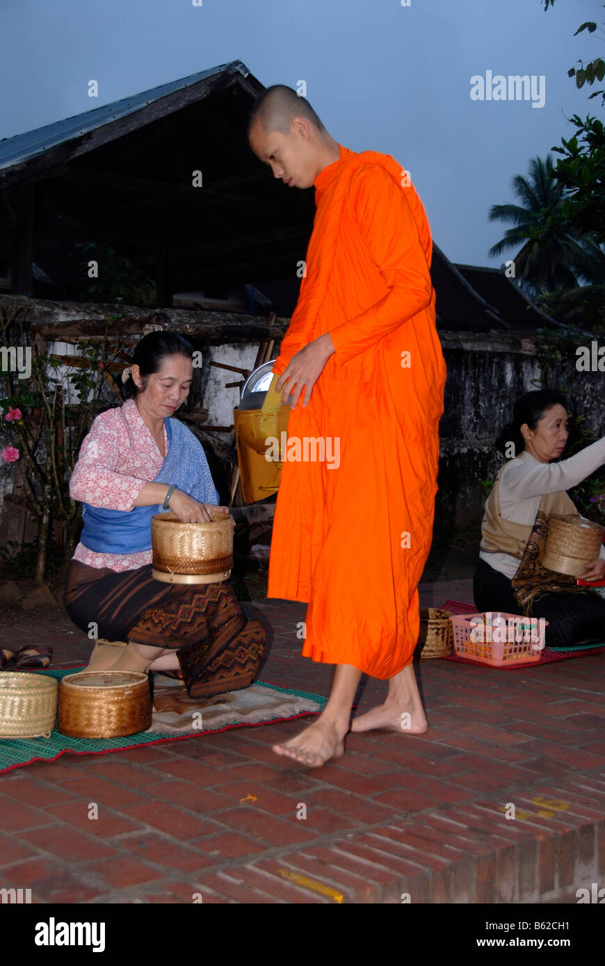 Buddhist monk with begging bowl receiving rice in the morning, Luang