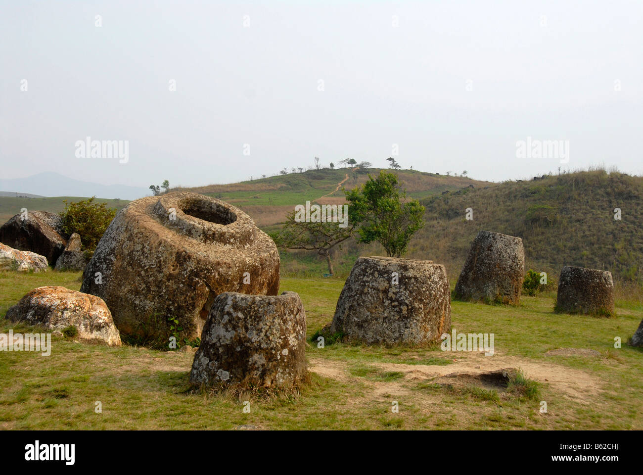 Numerous enormous jars, monoliths made of stone, Plain of Jars, Xieng Khuang Province, Laos, Southeast Asia Stock Photo