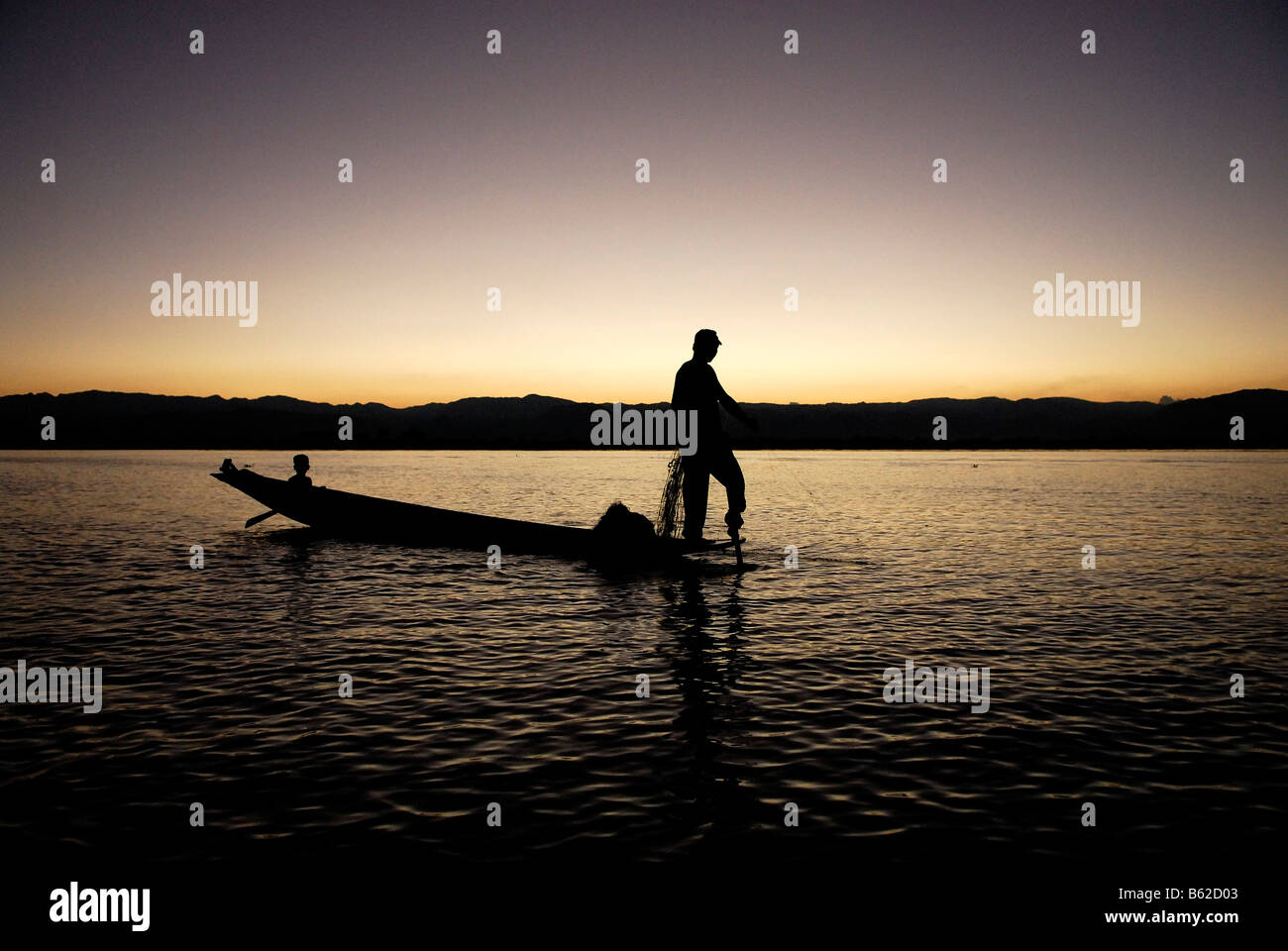 Burmese fishing, Inle Lake, Myanmar, Burma, South East Asia Stock Photo