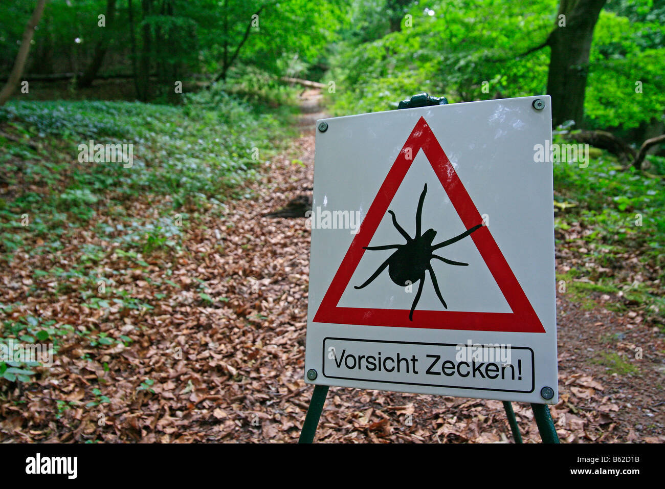 Sign, beware of ticks, hiking trail, dangerous ticks Stock Photo