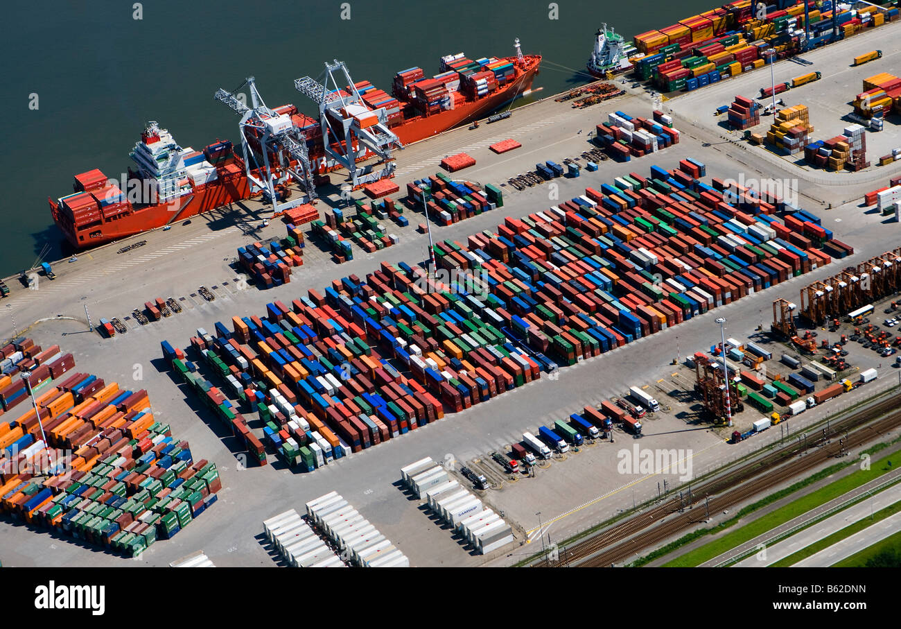 Holland, Zuid Holland, Rotterdam, Harbour, Aerial of Container port. Stock Photo