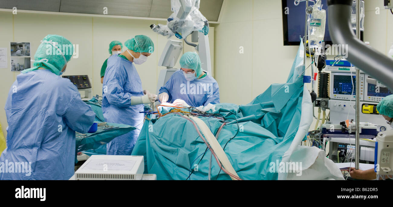 Neurosurgeons removing a benign brain tumor, Reykjavik, Iceland Stock Photo