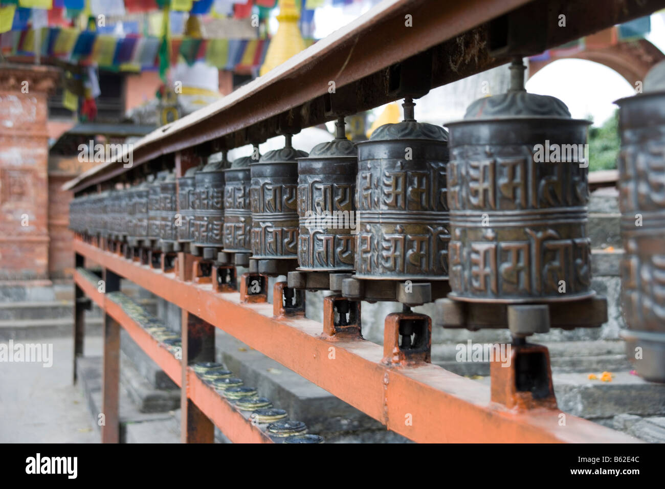 Prayer wheels at at the Buddhist temple of Swayambhunath the monkey ...