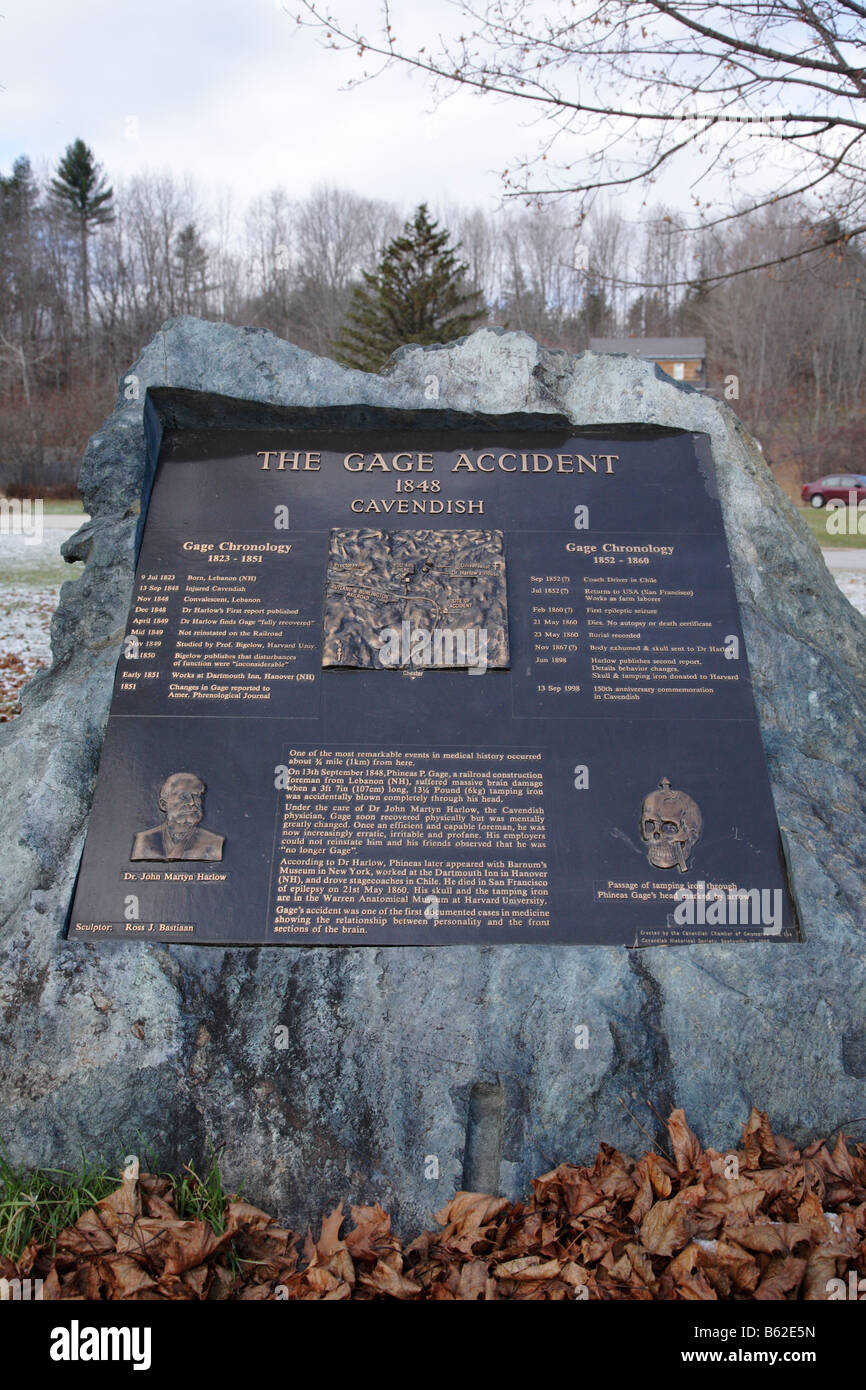 The Gage Accident plaque in Cavendish Vermont USA. Stock Photo