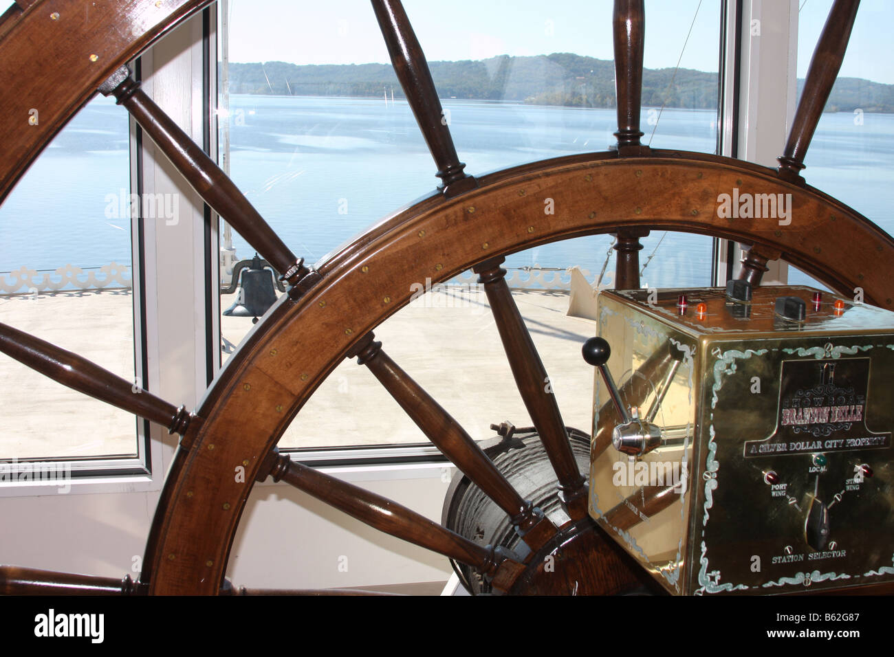 The steering house and wheel of the Showboat Branson Belle owned by