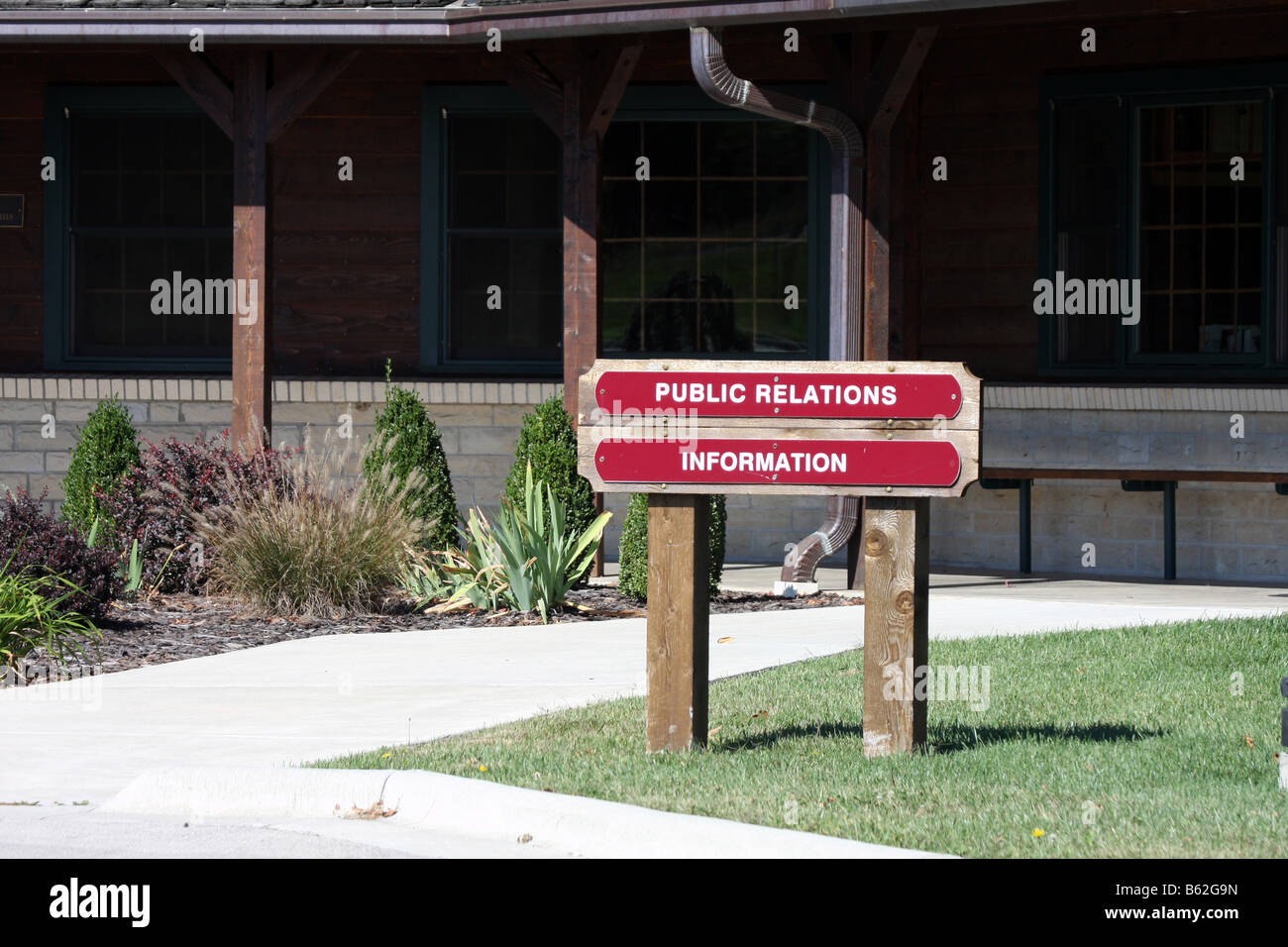 Information and Public Relations office signs at the College of the Ozarks in Branson Missouri Stock Photo