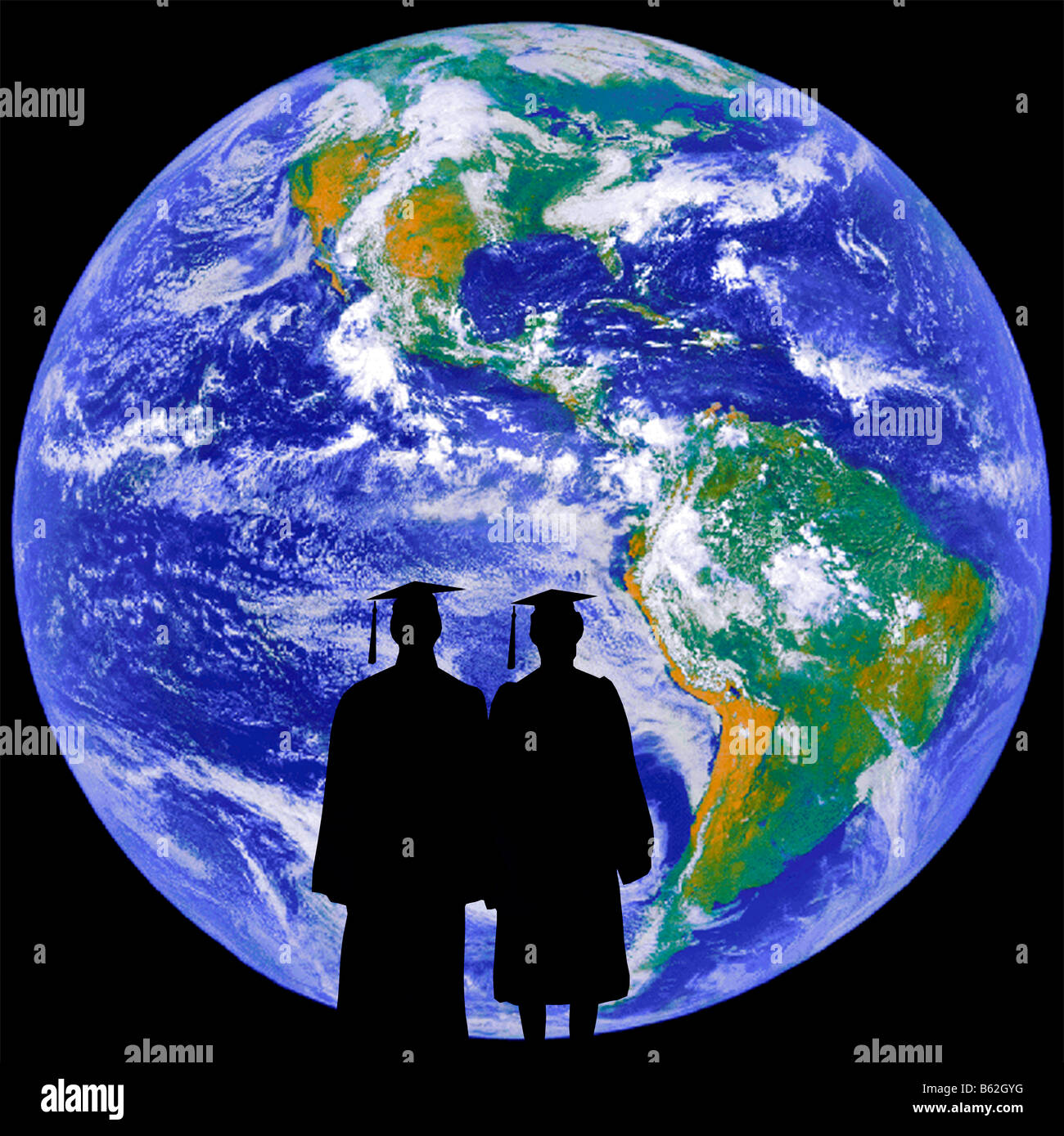 man and woman graduates and earth globe Stock Photo