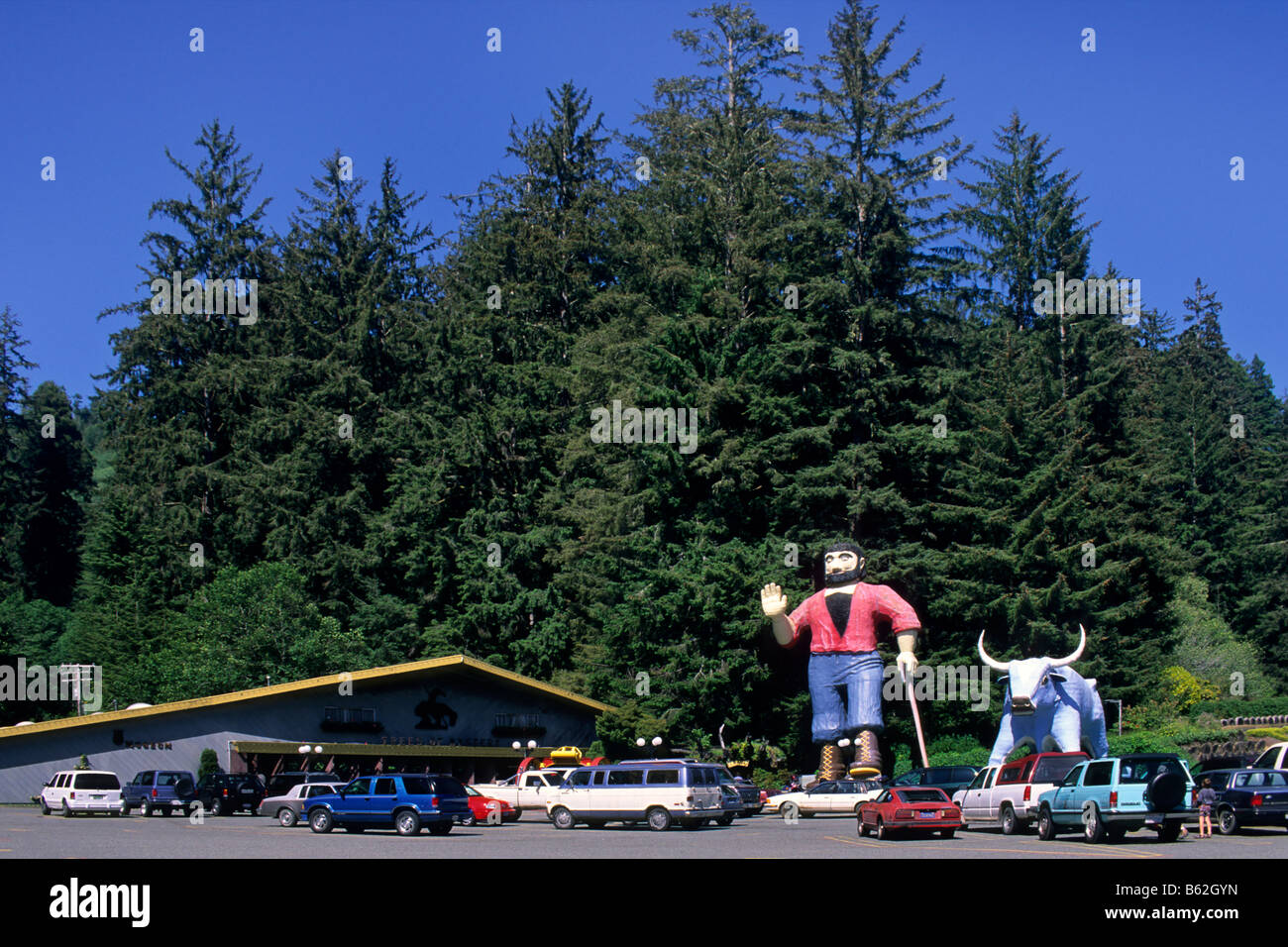Statue of Paul Bunyan and Babe the Blue Ox Trees of Mystery Del Norte County California Stock Photo