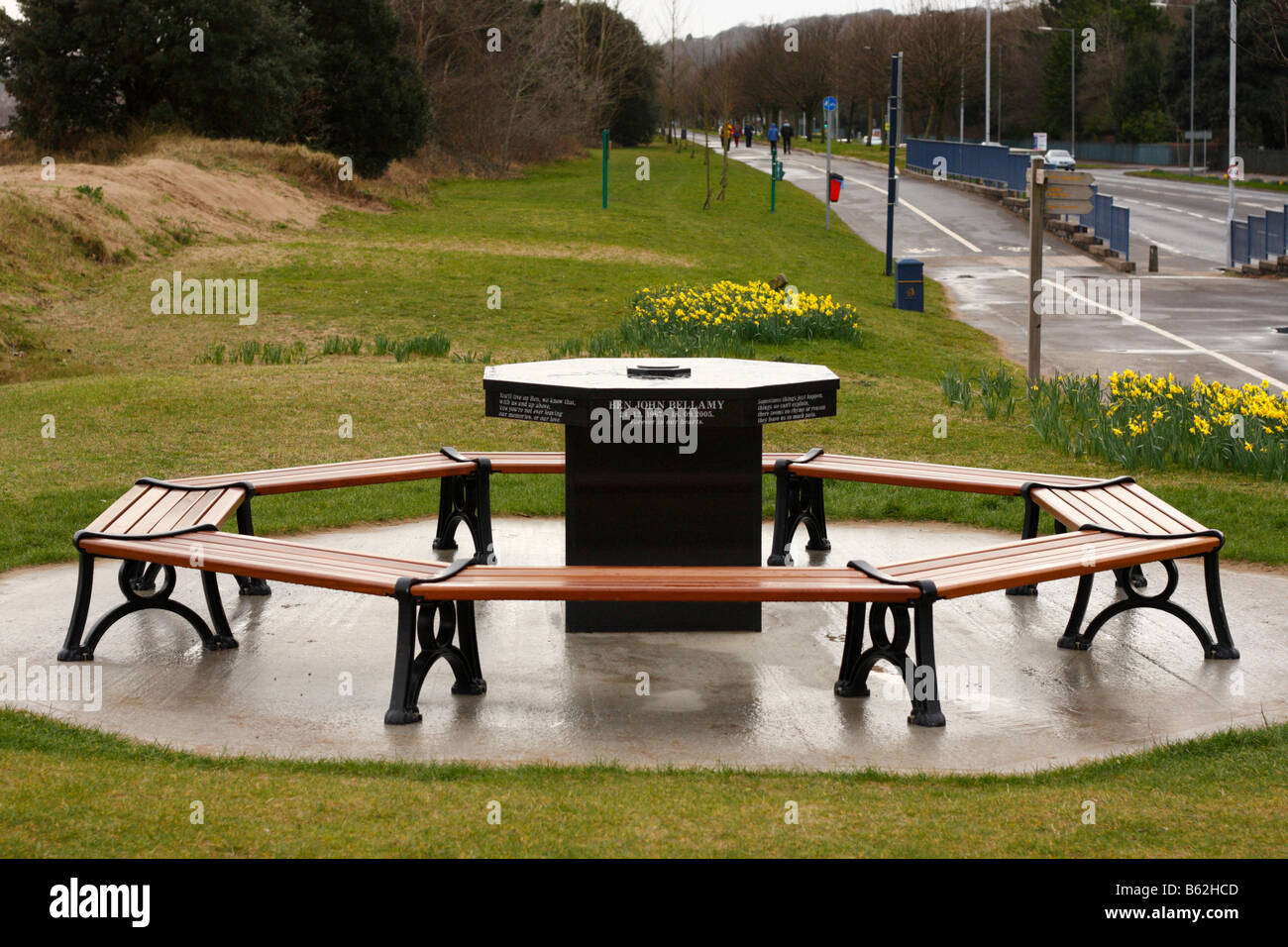Memorial bench to murdered teenager Ben Bellamy, in Swansea, West Glamorgan, South Wales, U.K. Stock Photo
