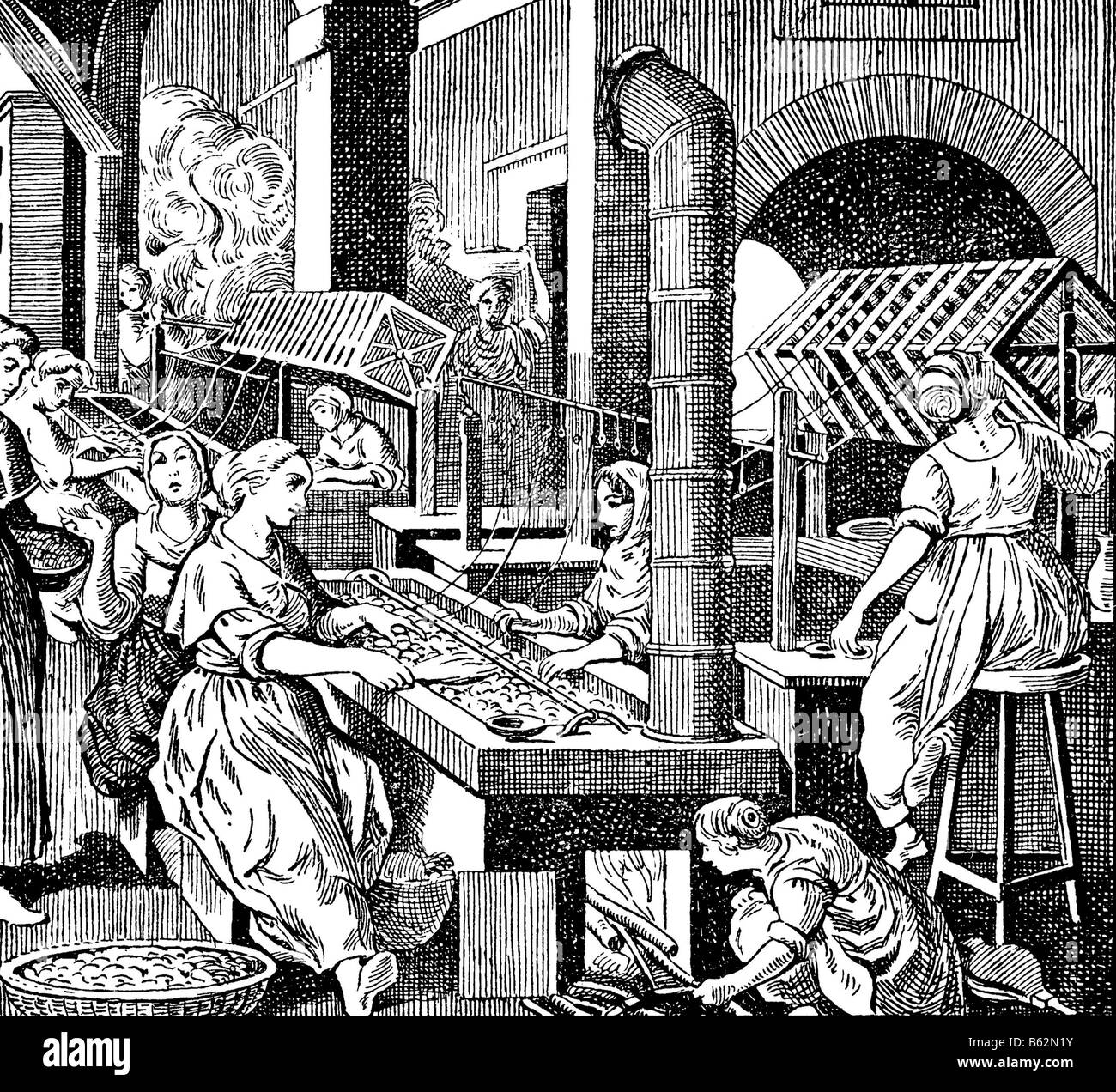 Silk manufacture. Circa 1500. Antique illustration. 1900 Stock Photo