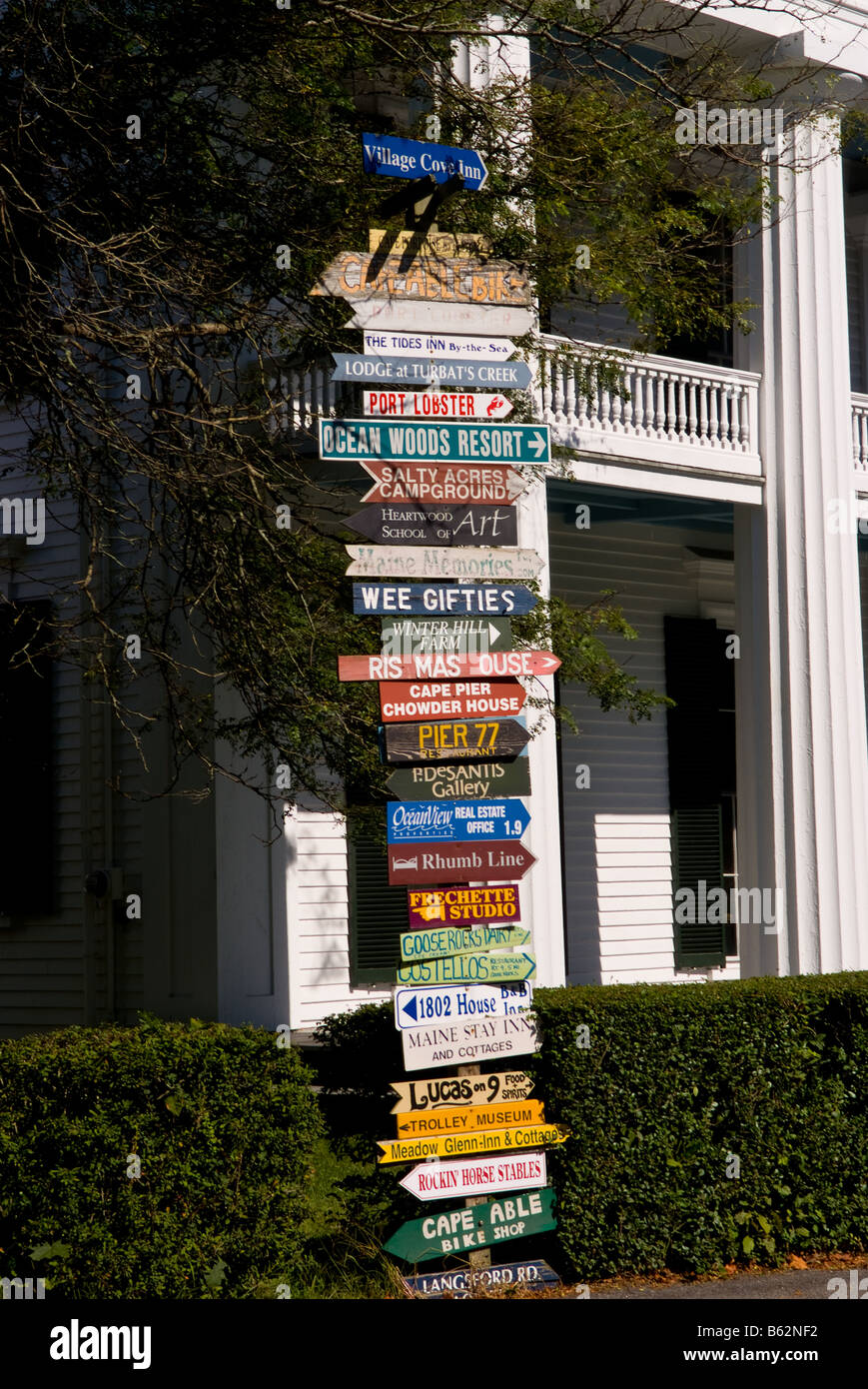 Directions sign colorful in Kennebunkport Maine downtown center with