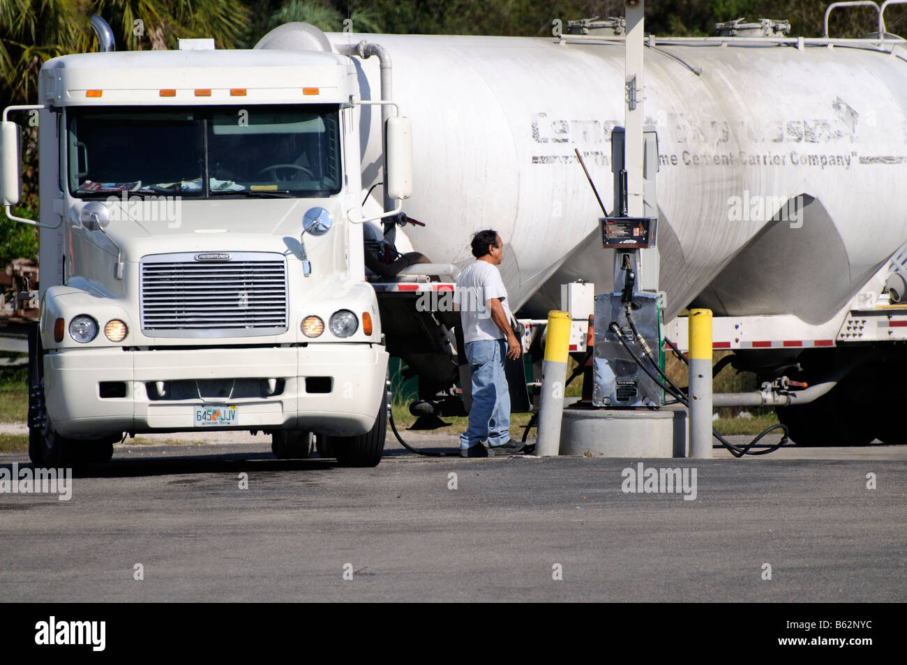 Freightliner truck refuelling at an American gas station Florida USA Stock Photo
