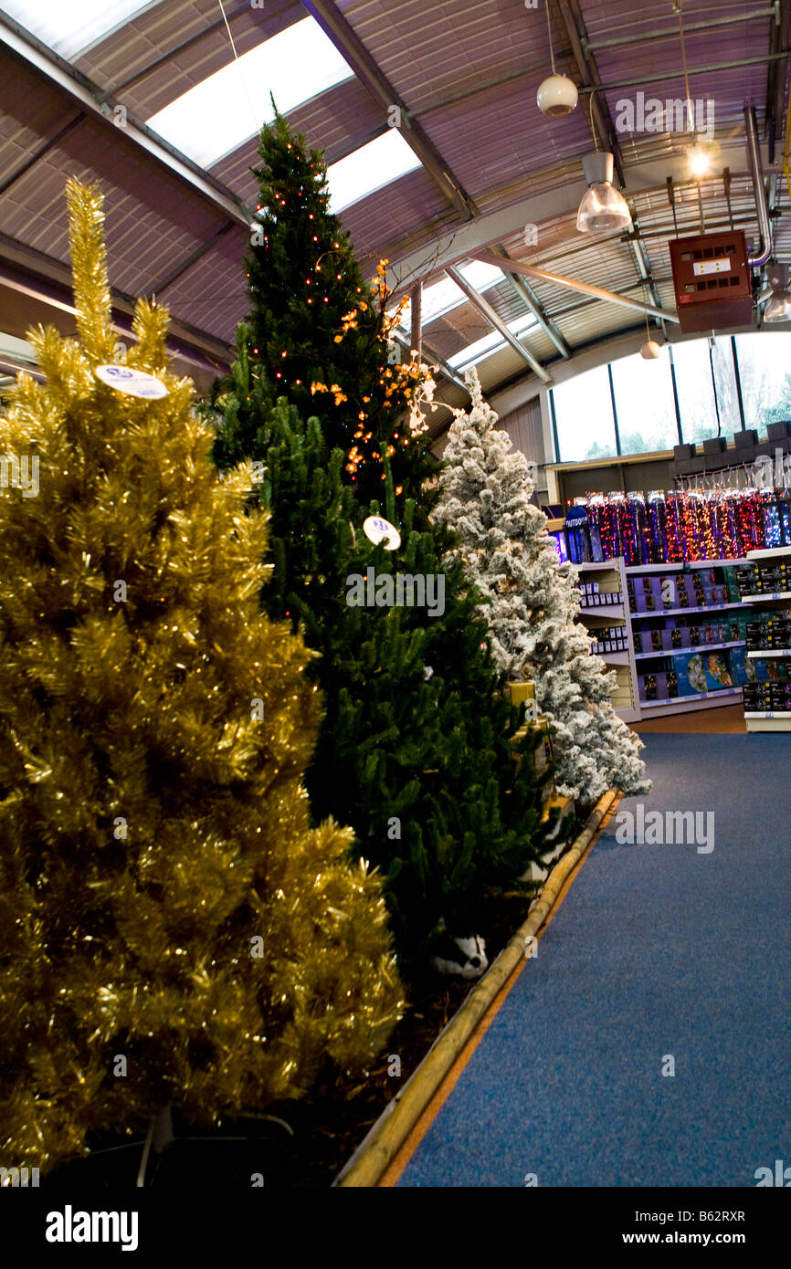 Christmas trees and lighting display at a garden centre Stock Photo