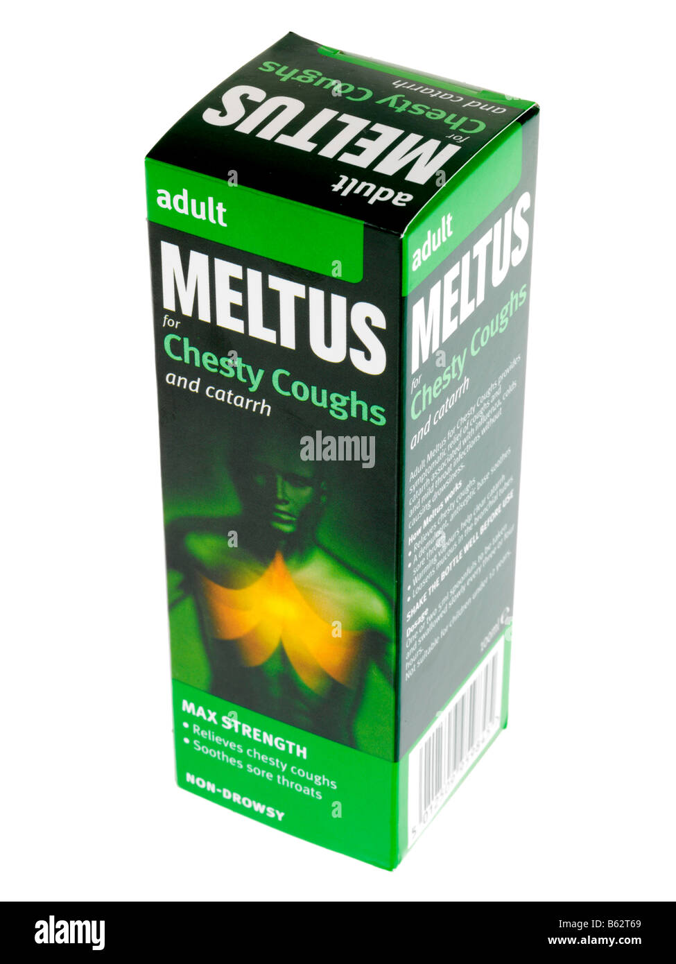 Branded Packaging For Meltus Chesty Coughs Medicine Syrup Isolated Against A White Background With No People And A Clipping Path Stock Photo