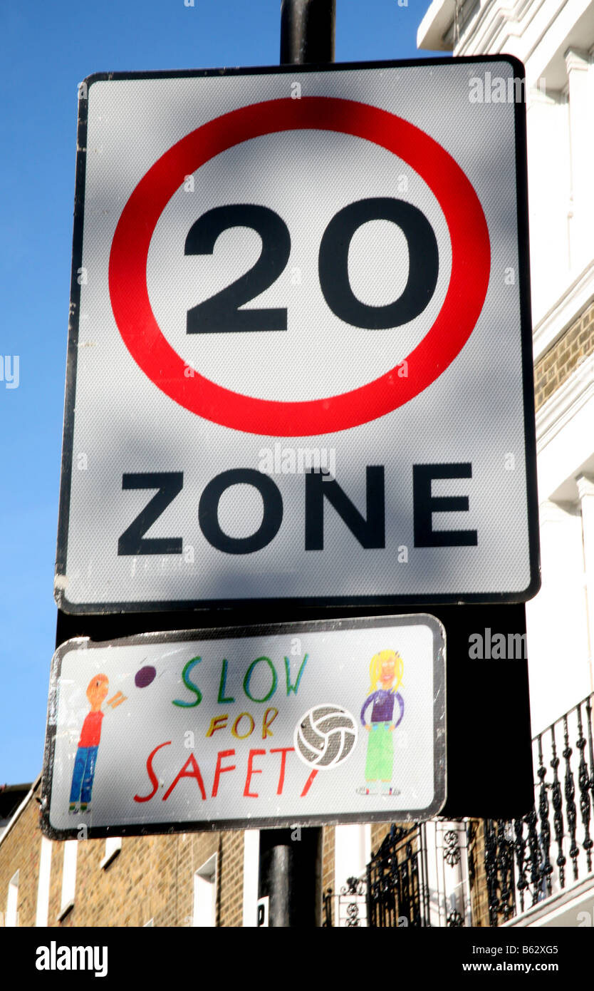 20 mph zone sign in London street Stock Photo