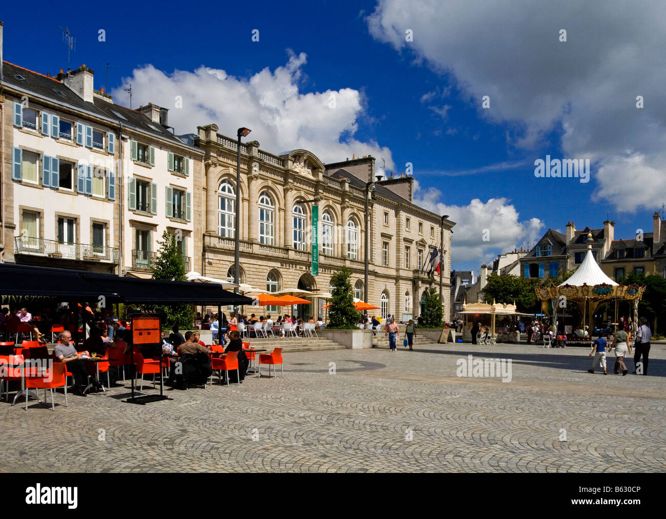 The town centre in Quimper Brittany France showing street cafe and the town hall and Musee des Beaux-Arts Stock Photo