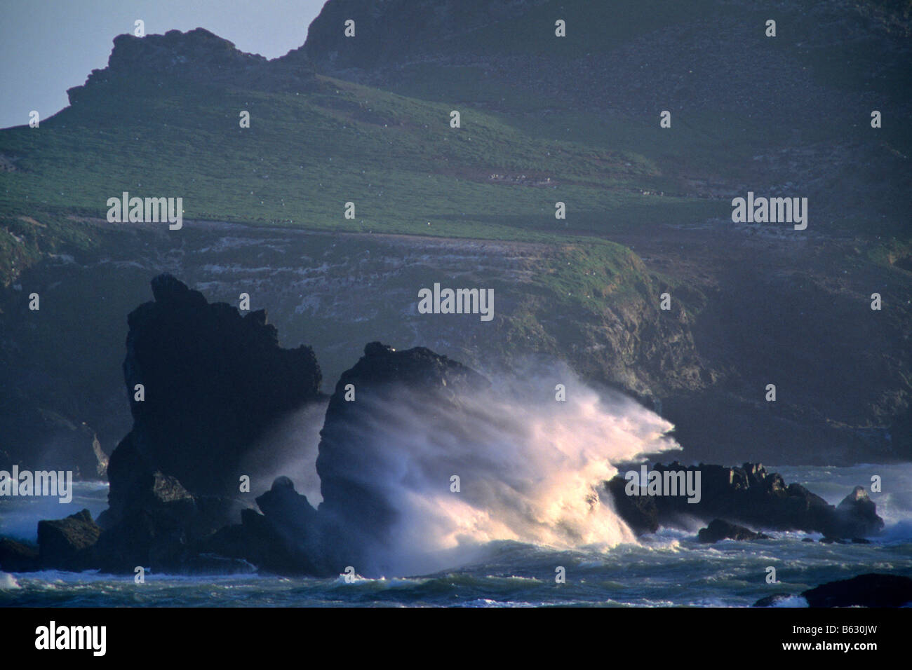 Windswept waves crash on coastal rocks near Crescent City Del Norte County California  Stock Photo