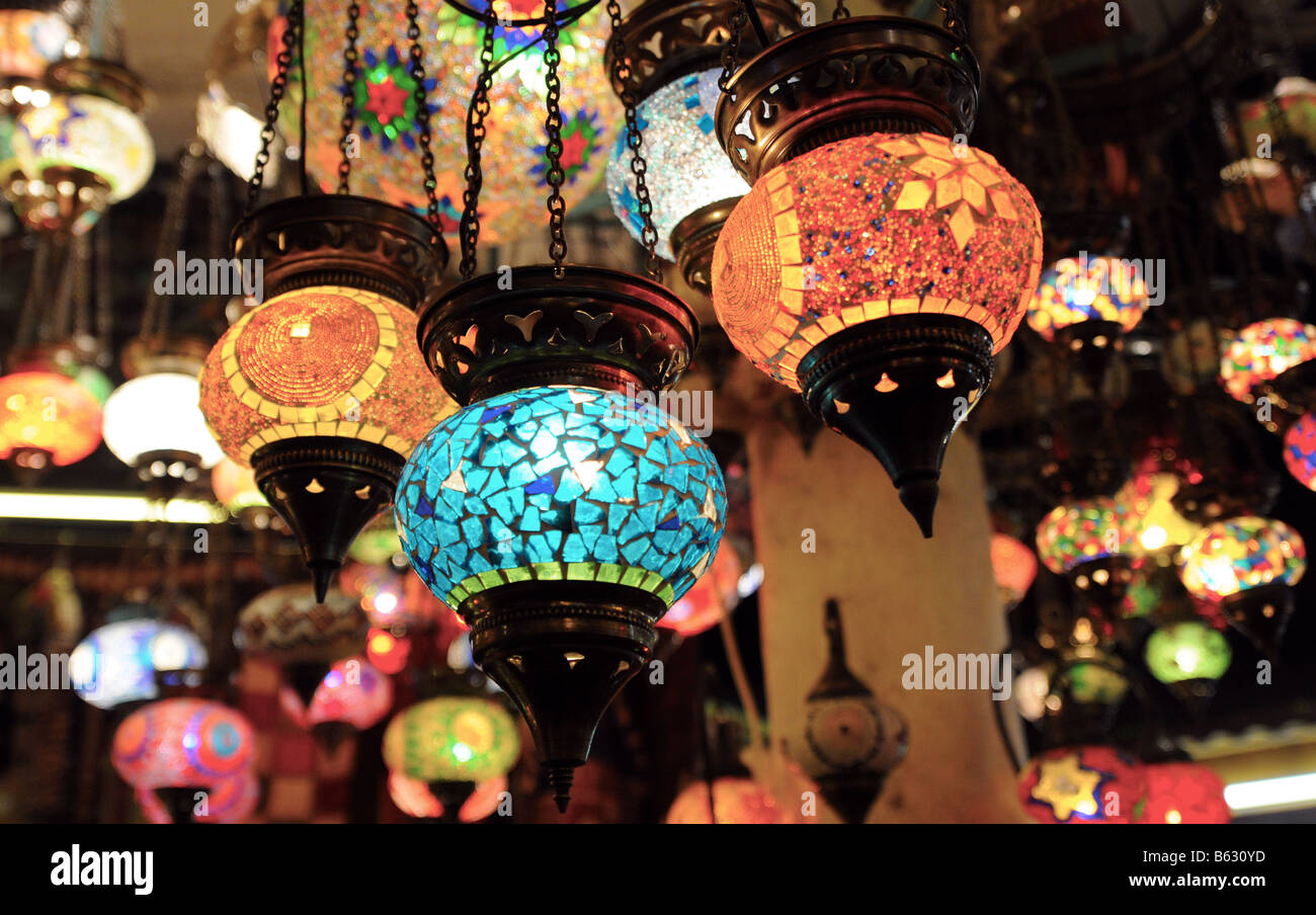 Colorful Glass Lanterns Hang From The Ceiling In A Shop Next