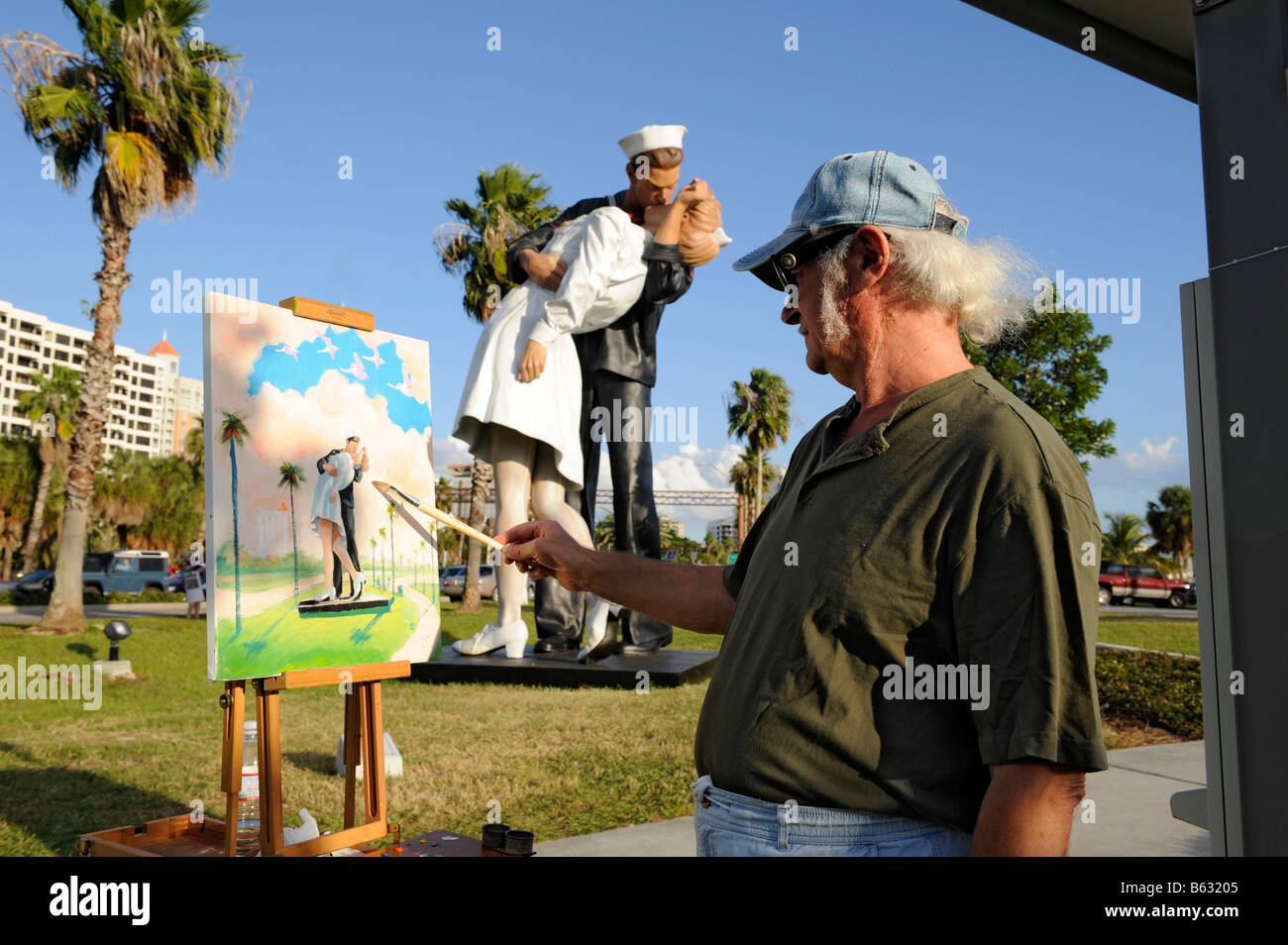 Artist Painting Statue called Unconditional Surrender Sarasota Bayfront