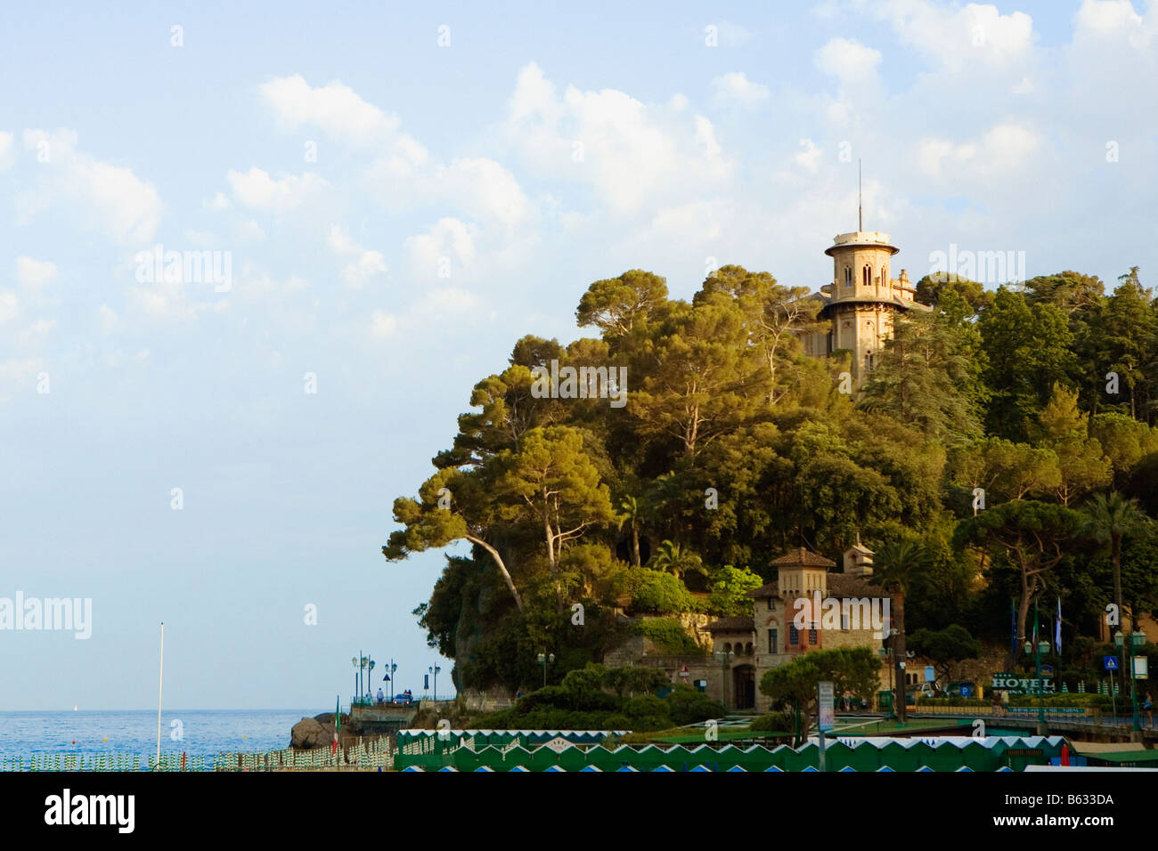 Building surrounded by trees, Italian Riviera, Santa Margherita Ligure, Mar Ligure, Genoa, Liguria, Italy Stock Photo