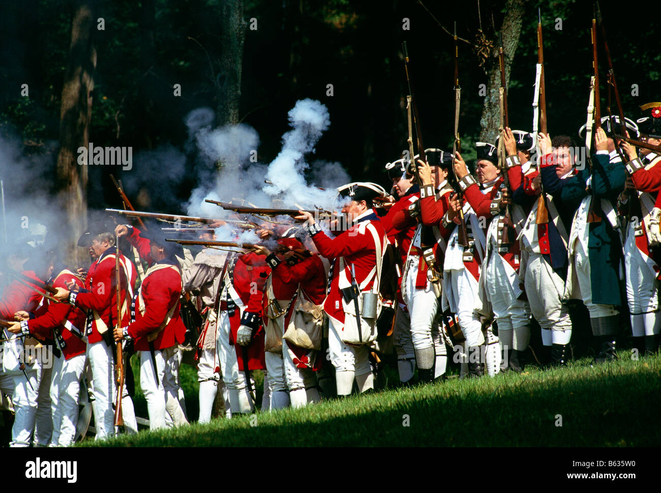 Red coat soldiers at a Revolutionary War encampment reenactment Brandywine Battlefield Park Chadds Ford Pennsylvania USA Stock Photo