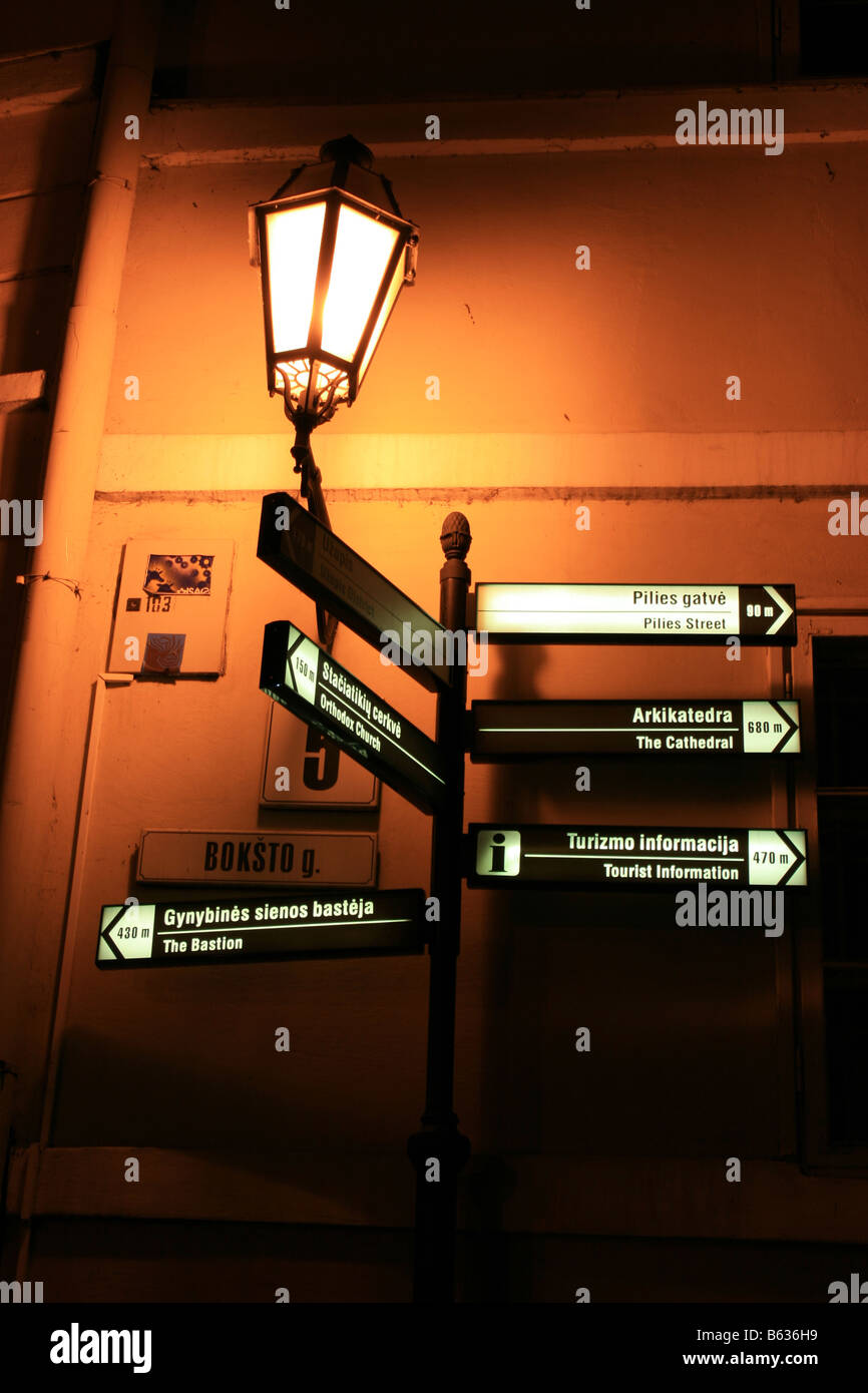 Lamp and street signs, Old town, Vilnius, Lithuania Stock Photo