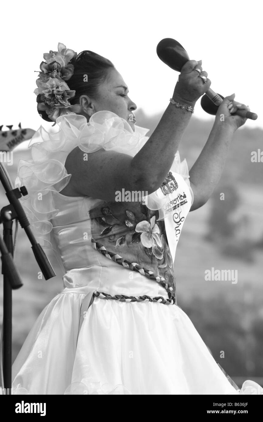 old lady singing during a contest, Tibasosa, Boyacá, Colombia, South America Stock Photo