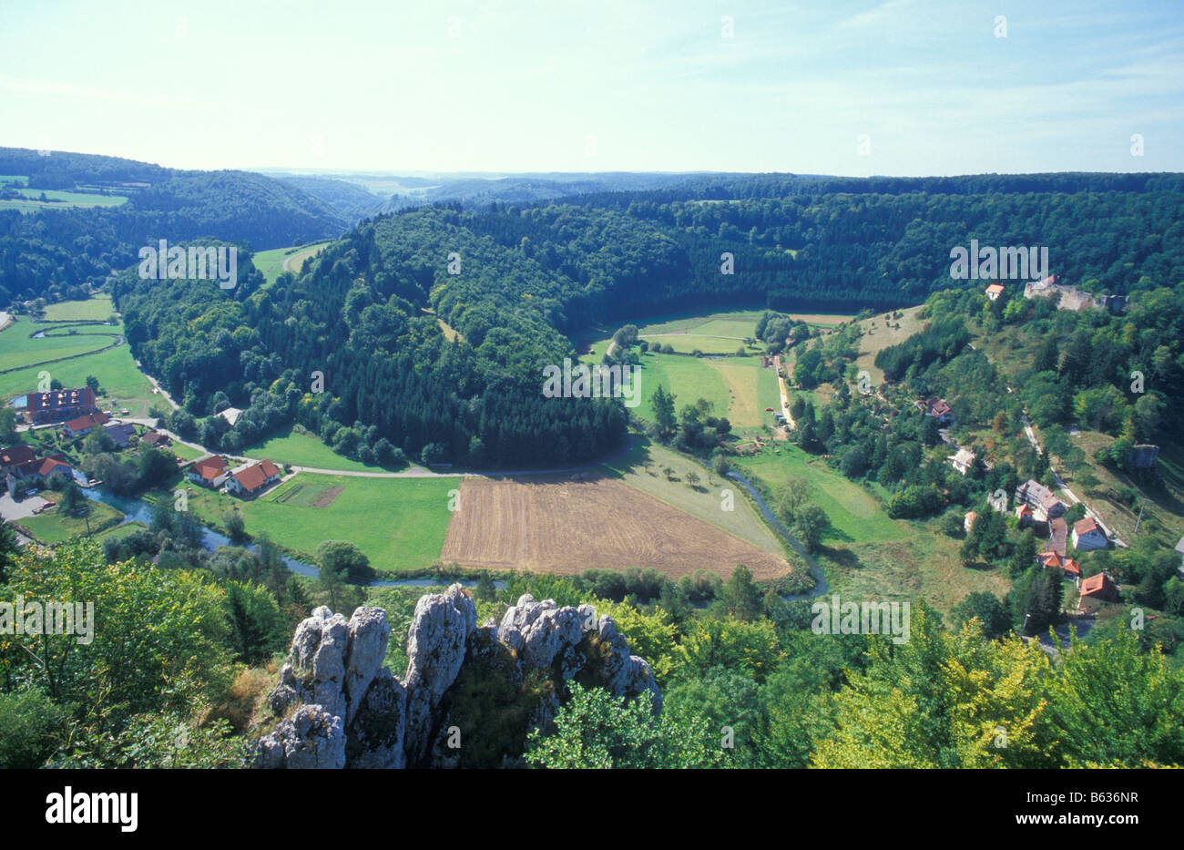 View from Castle Hohengundelfingen to Lautertal Valley, Swabian Alb, Baden Wurttemberg, Germany Stock Photo