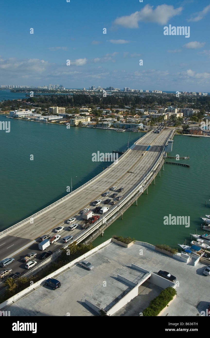 High angle view of traffic on a bridge, John F. Kennedy Causeway, Miami