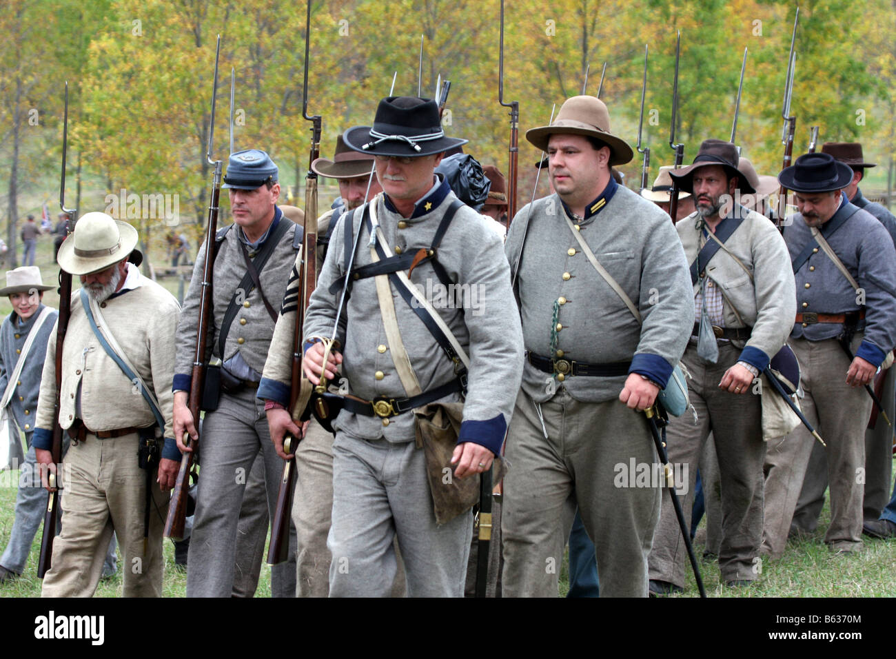 Confederate civil war soldiers marching in line during a Civil War Reenactment at the old Wade