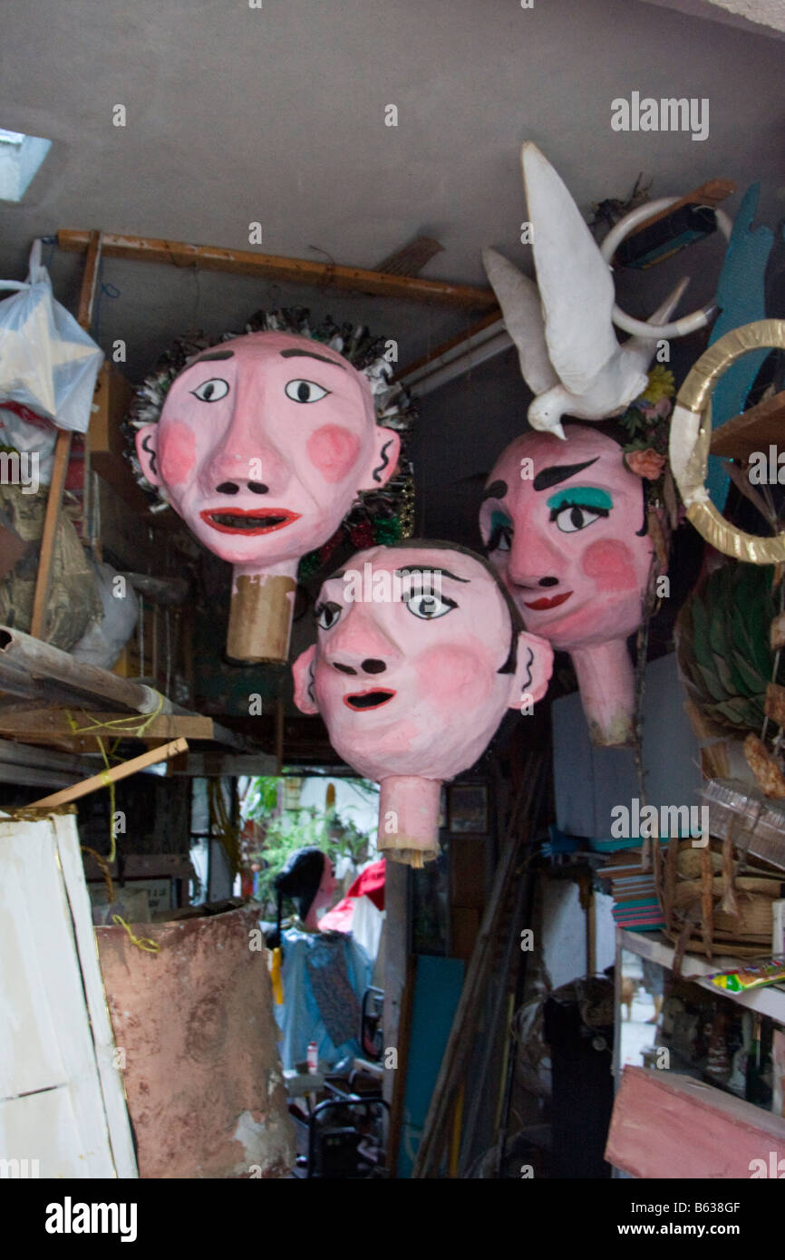 Oaxaca, Mexico. Day of the Dead. Heads in Artist's Workshop for use in Parade or Procession, Comparsa. Stock Photo