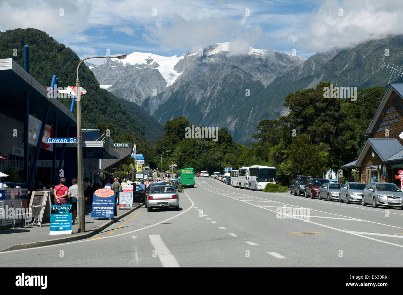 Street scene in Franz Josef village, South Island, New Zealand Stock
