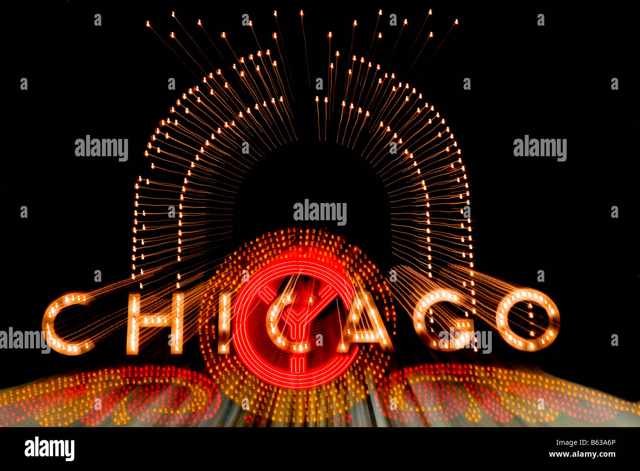 Closeup of Chicago neon sign lit up at night, Chicago Theatre, Chicago, Illinois, USA Stock
