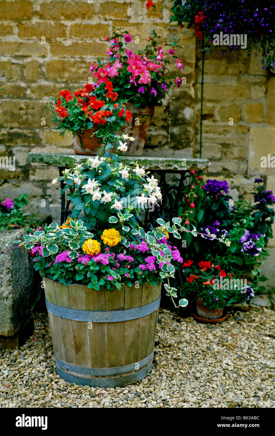 Display of Colourful Planted Containers Stock Photo