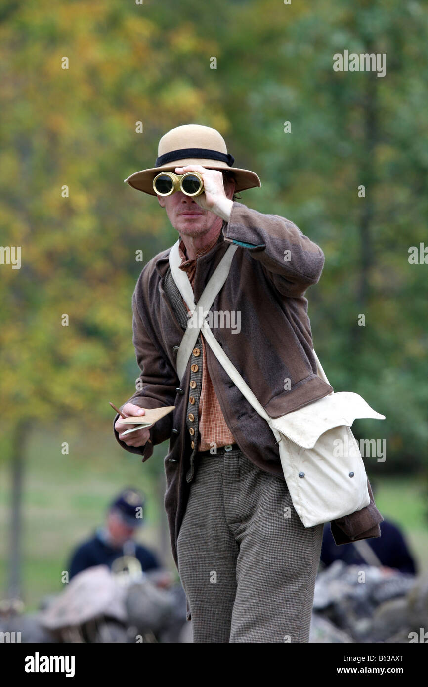A journalist character covering the battles in the Civil War reenactment at the Wade House Greenbush Wisconsin Stock Photo