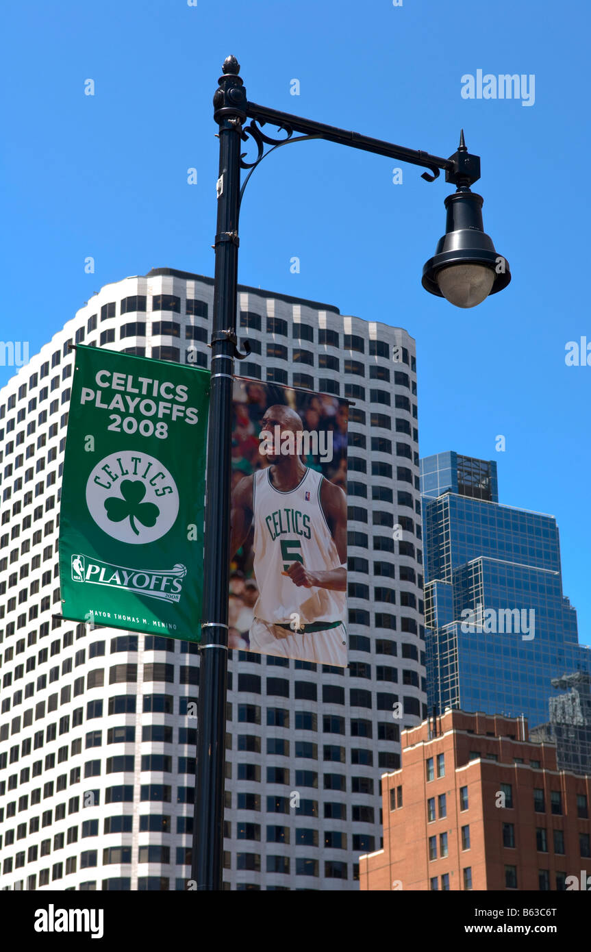 Boston Celtics 08 Playoffs banner against city skyline. Stock Photo