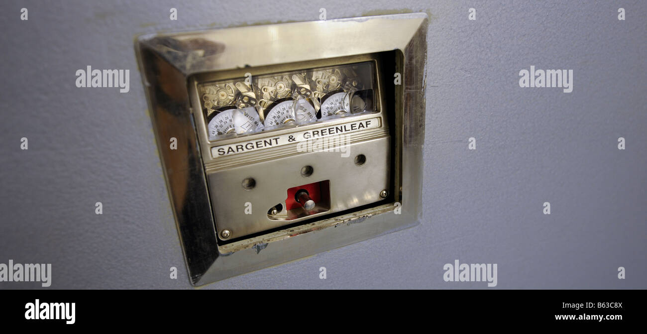 A Sargent & Greenleaf combination lock on a large bank vault in London. Stock Photo