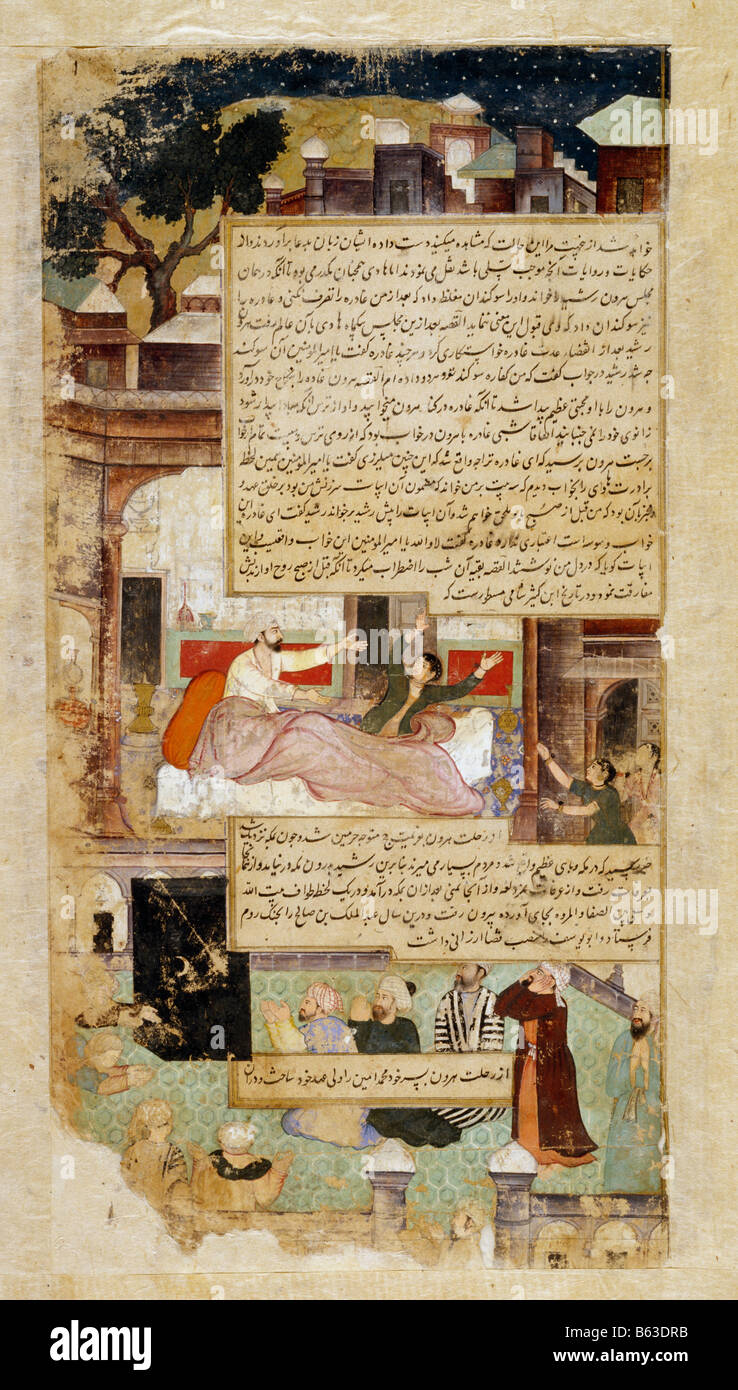 Harun-al-Rashid's wife cries out after bad dream Tarikh i Alfa. Mughal 1614. National Museum New Delhi India Stock Photo