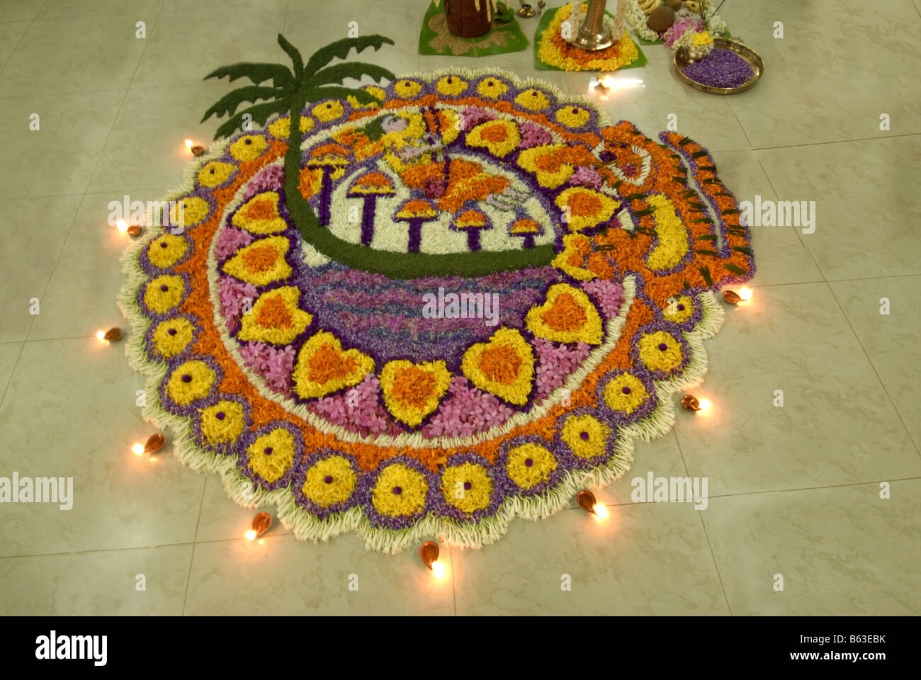 FLOWER CARPET DURING ONAM CELEBRATOINS IN KERALA INDIA Stock Photo
