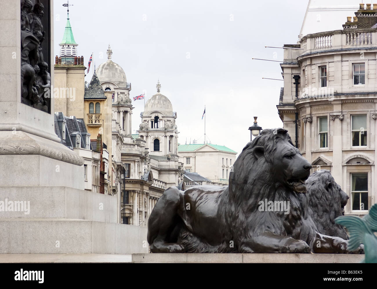 A view of statues and old buildings from the Trafalgar Square London UK Stock Photo