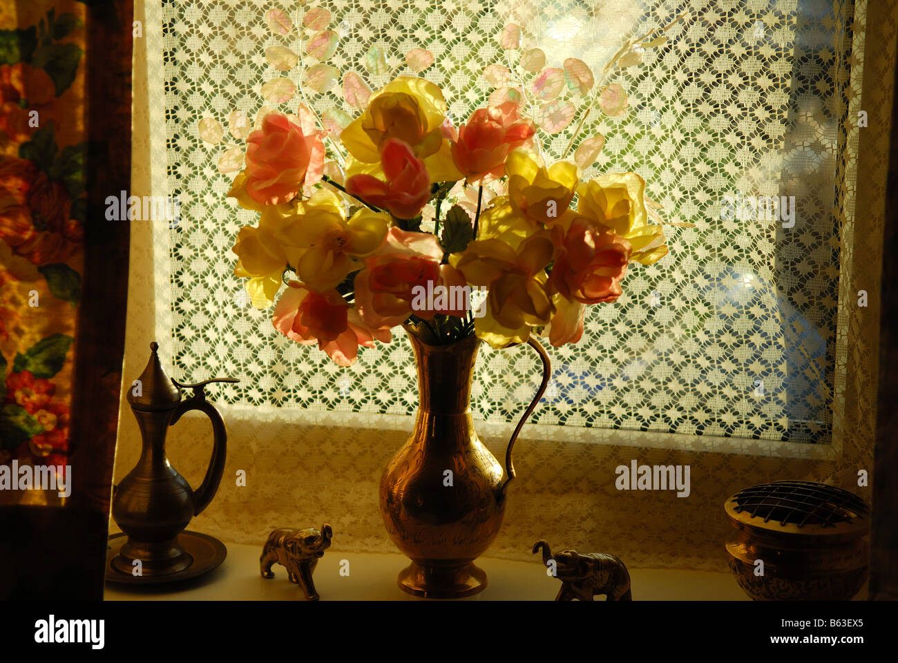 Plastic Flowers in Vase. Stock Photo