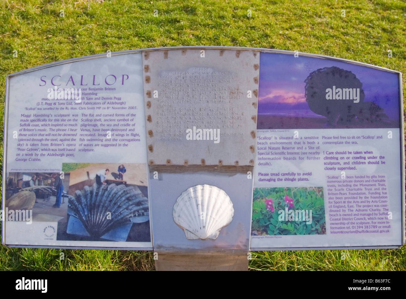 Sign describing the Scallop sculpture on the beach at Aldeburgh,Suffolk