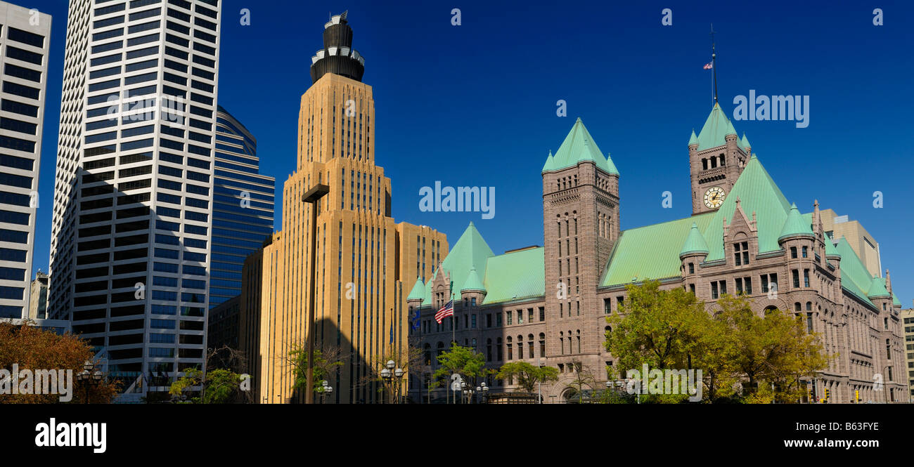 Panorama of US Bank Plaza and Fifth Street Towers II and Qwest Building with historic Minneapolis City Hall Minnesota USA with blue sky Stock Photo
