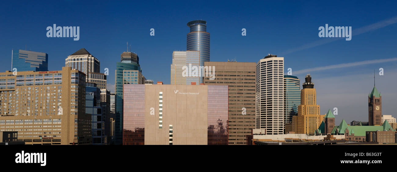 Panorama of downtown cityscape of Minneapolis Minnesota USA with highrise buildings and towers Stock Photo