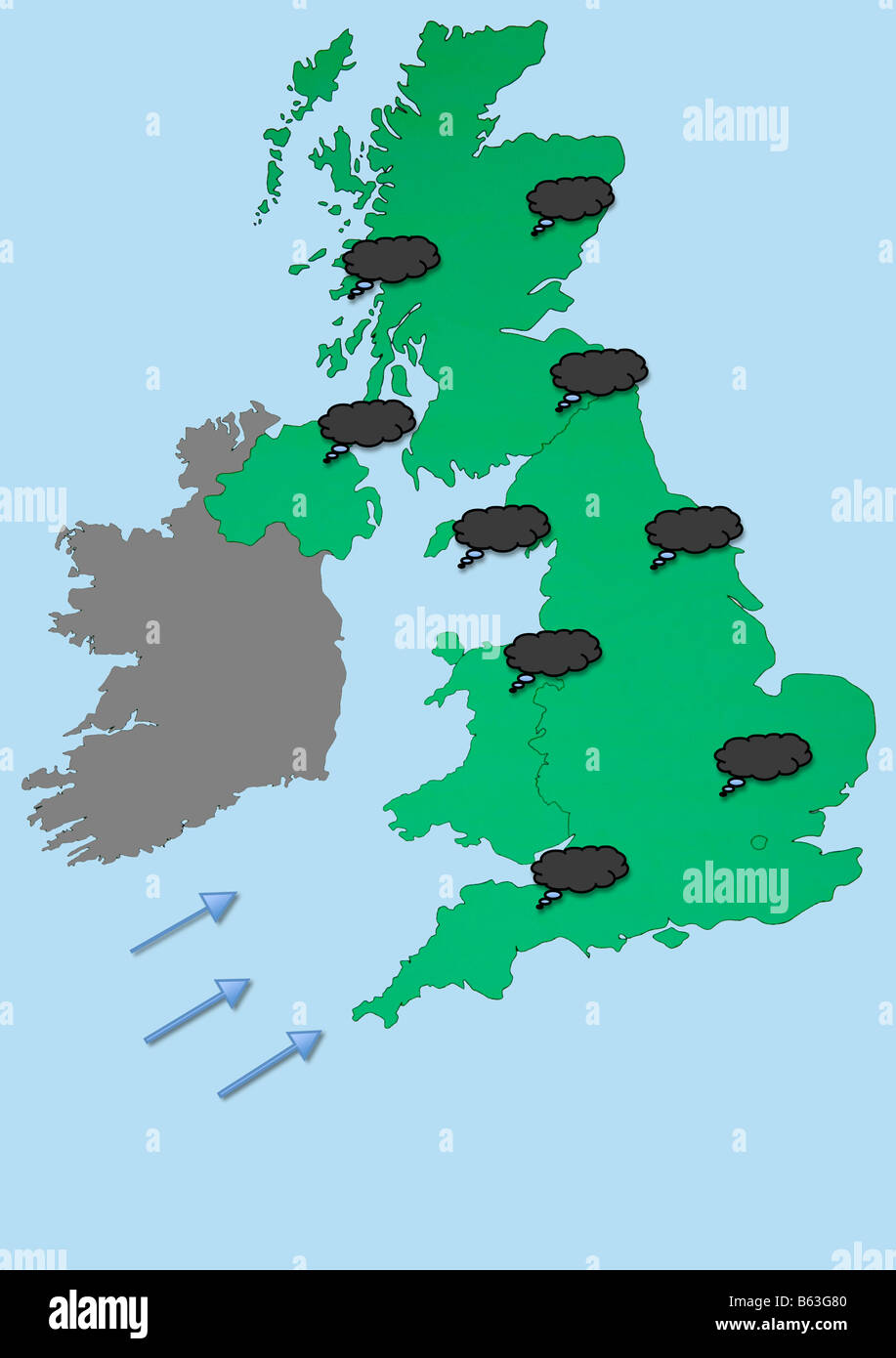 UK Weather forecast map showing rain clouds and south westerly wind. Britain Stock Photo